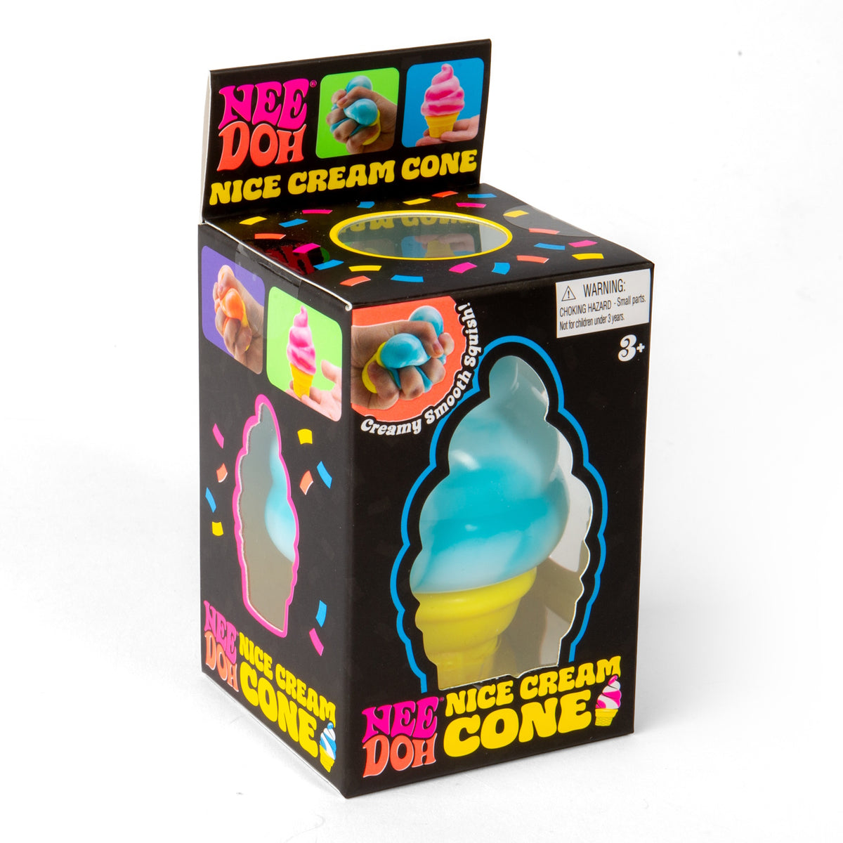 NeeDoh Nice Cream Cone packaging showing a blue and yellow squishy toy through a cone-shaped window.