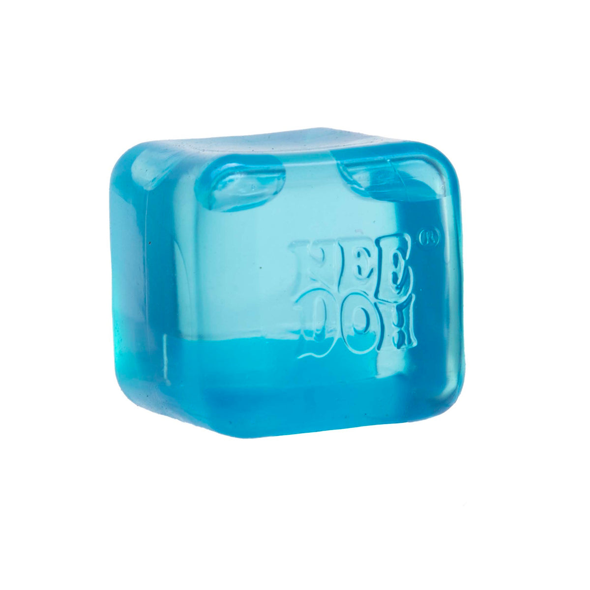 A squishy translucent blue NeeDoh ice cube stress toy on a white background.