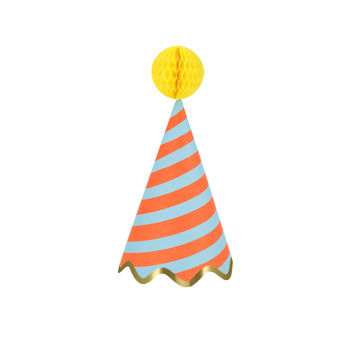 Blue and orange striped Meri Meri party hat with yellow honeycomb pom-pom and gold scalloped trim on white background.