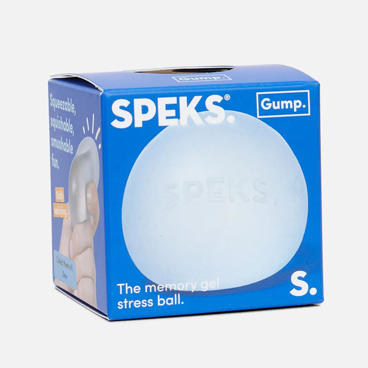 Blue packaging for a Speks Gump memory gel stress ball in light blue.
