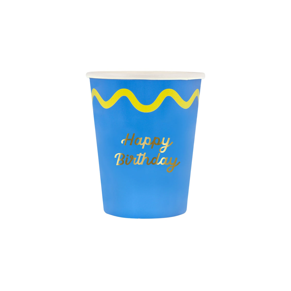 Blue paper cup with a yellow wavy line and "Happy Birthday" in gold script font.