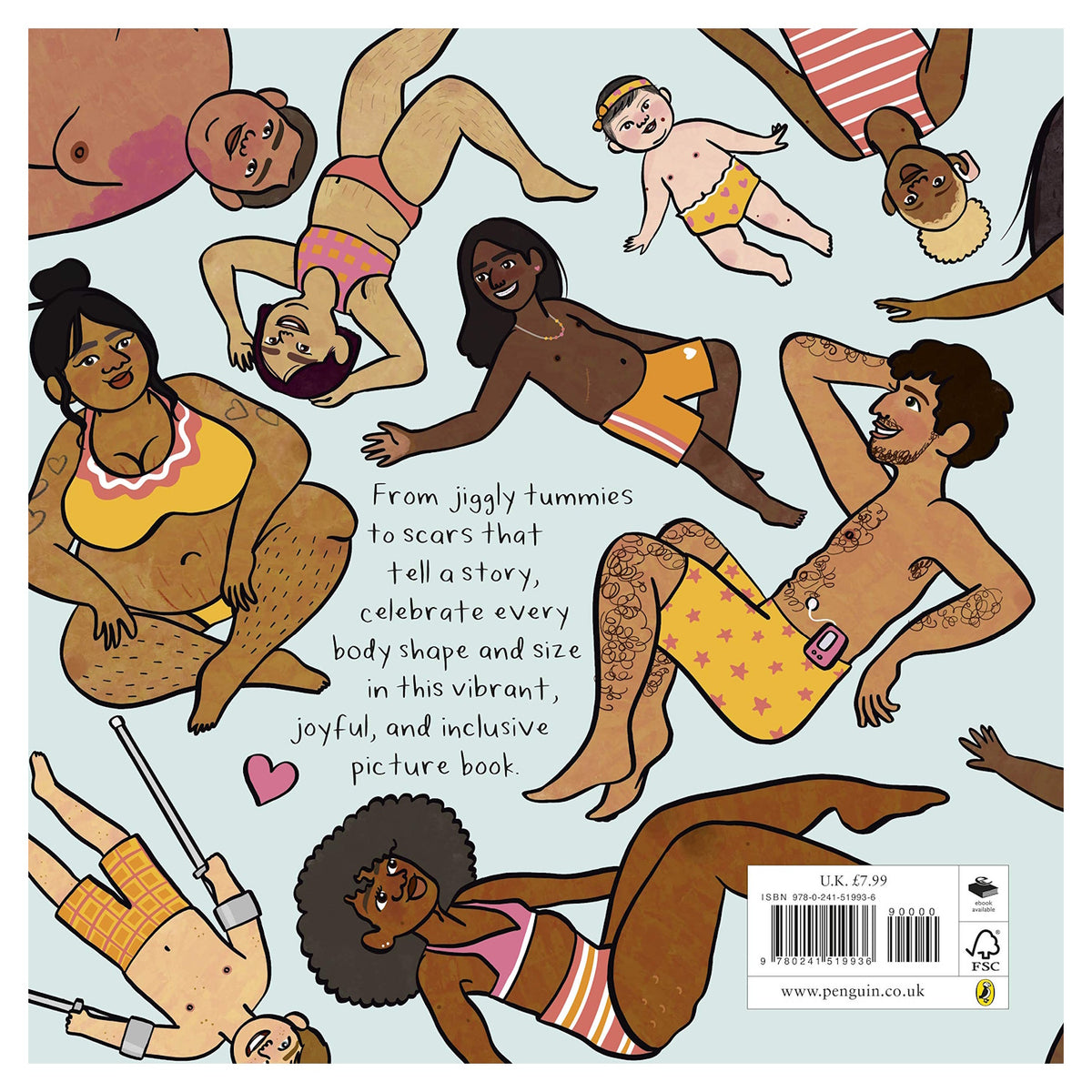 Inclusive illustration of diverse people in swimwear, celebrating body positivity, scars, and different abilities.
