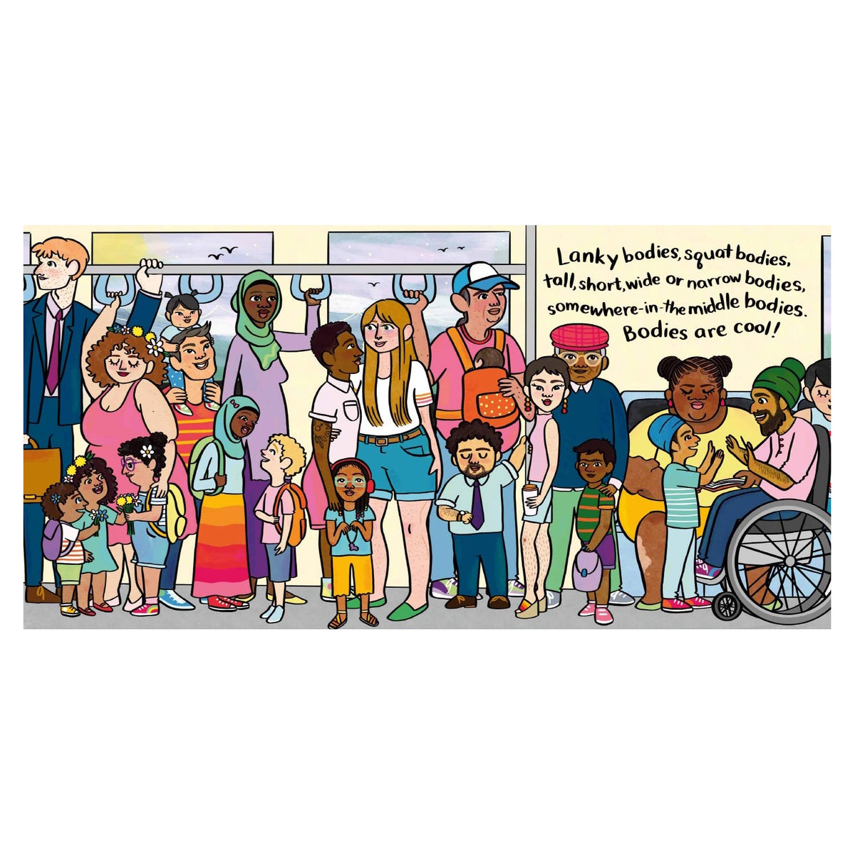 Diverse group of people on a train with the text "Bodies are cool!" celebrating different body types and abilities.