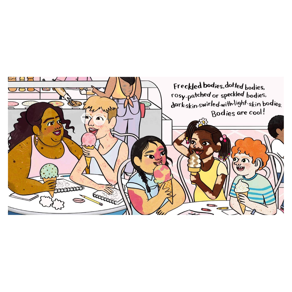 Diverse group of people with various skin patterns and conditions enjoying ice cream at a table. Bodies are cool text.