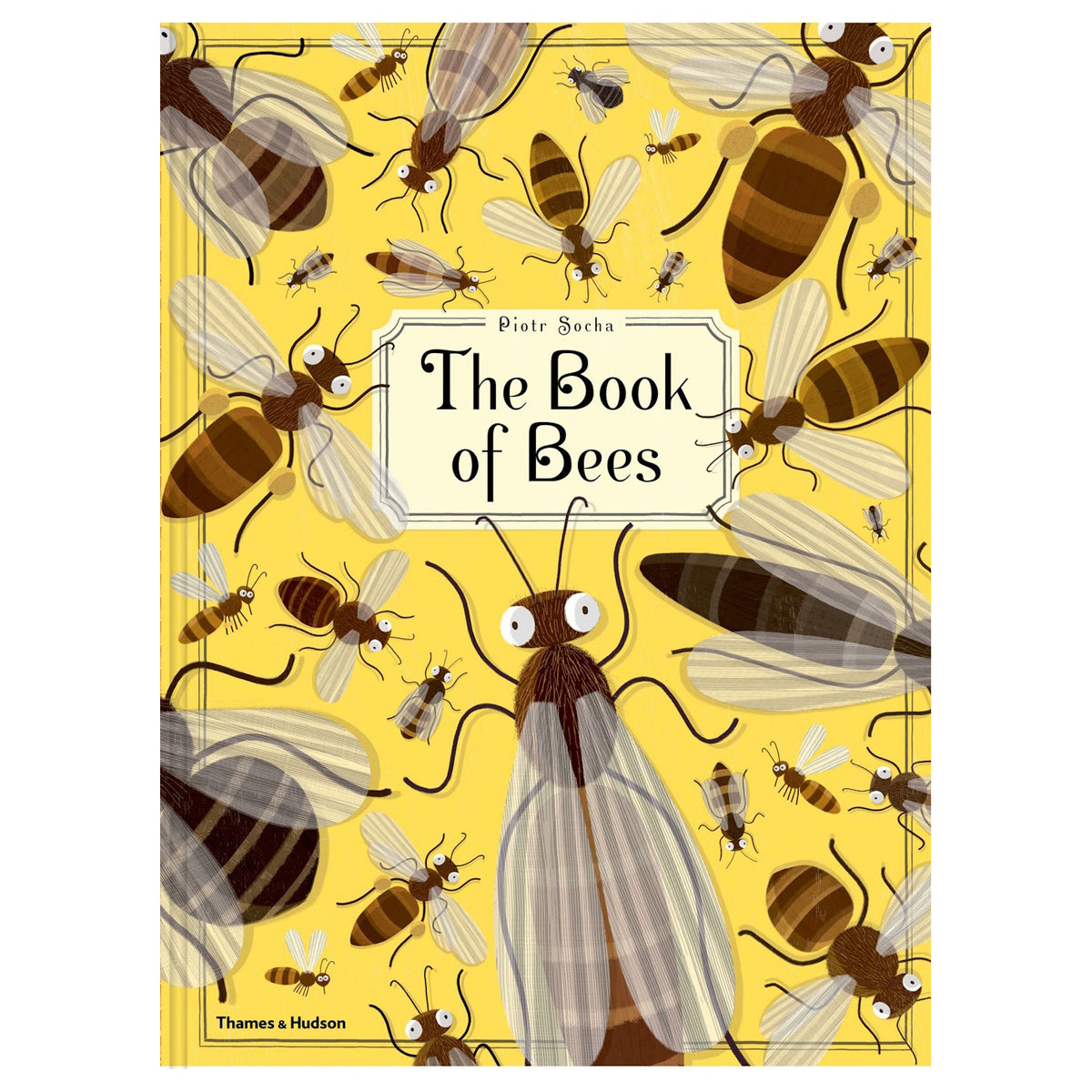 Cover of "The Book of Bees" by Piotr Socha features numerous cartoon bees on a bright yellow background, creating a whimsical, playful tone.