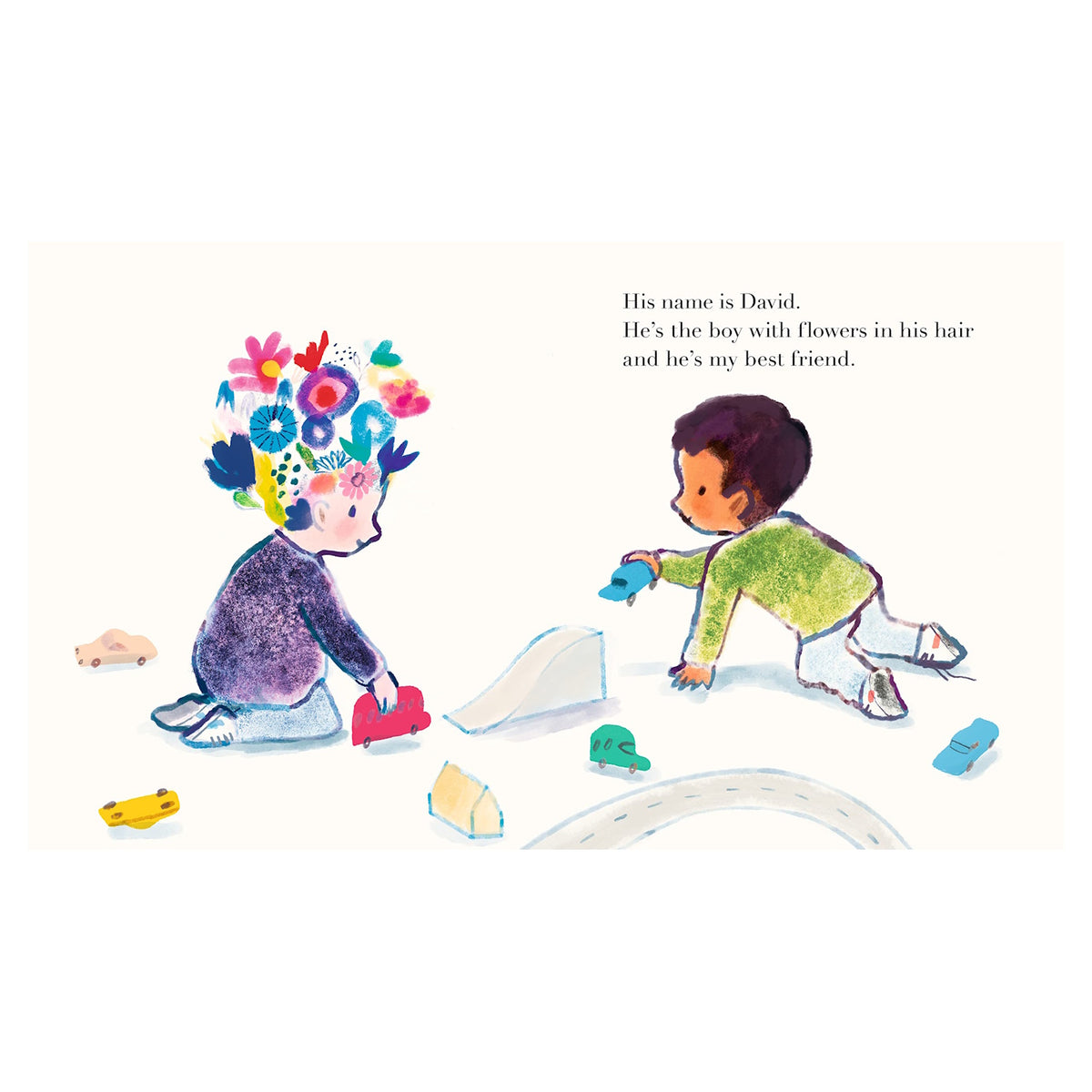 Illustration of two children playing with toy cars; one boy has colorful flowers growing from his hair.