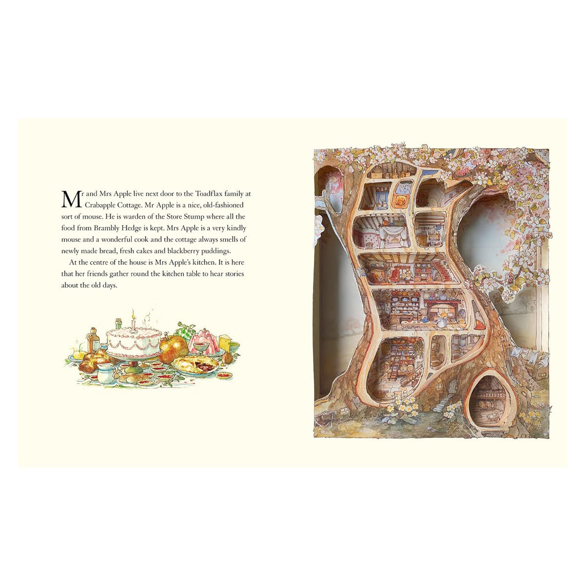 A pop-up book page showing text and a feast on the left, and a detailed cross-section of a treehouse on the right.