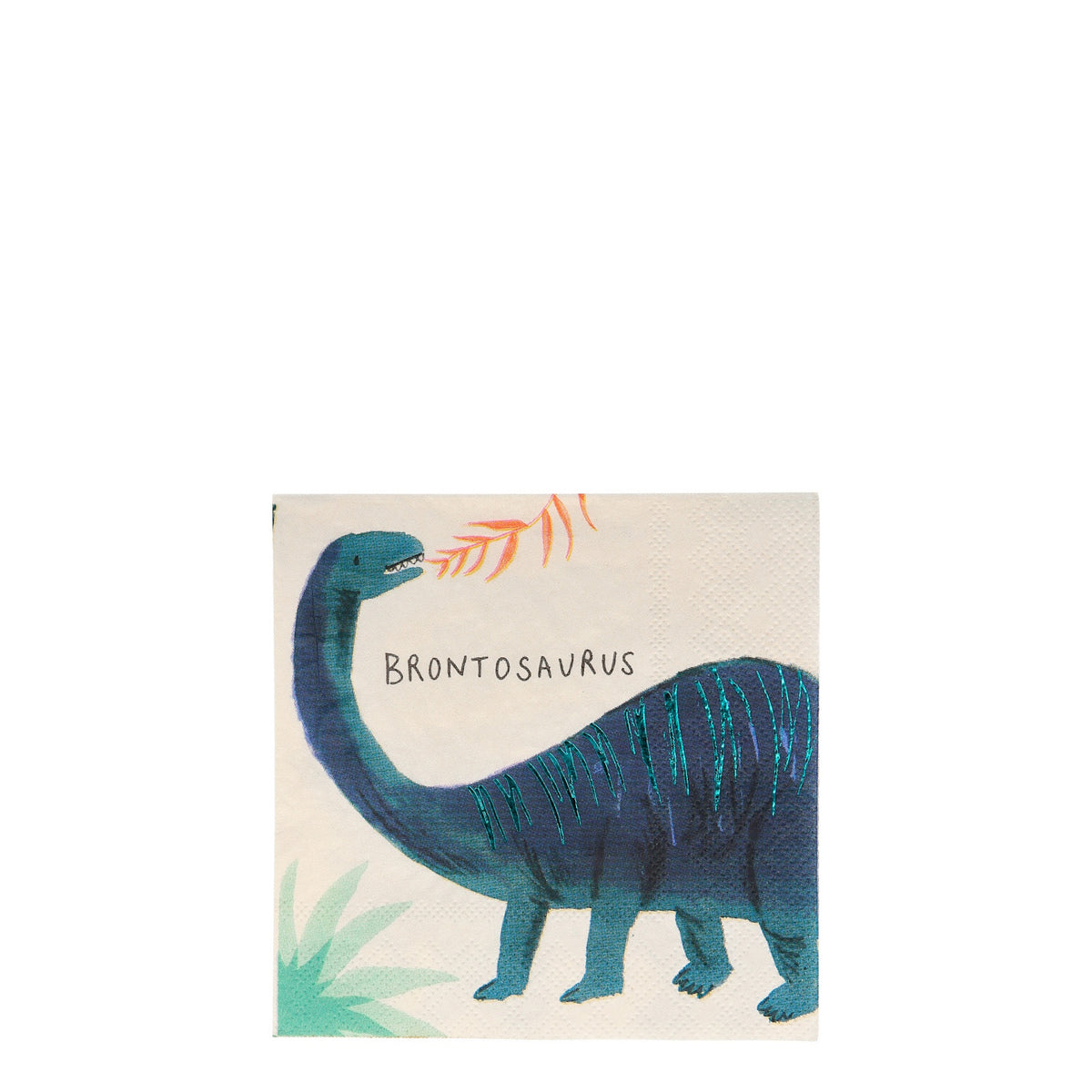 Blue brontosaurus dinosaur napkin with "Brontosaurus" text and teal foil details for a Dinosaur Kingdom themed party.