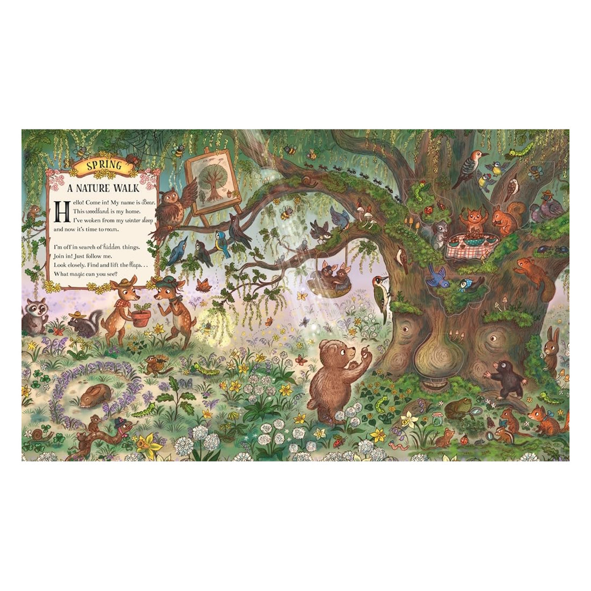 Children's book illustration of a brown bear and various woodland animals in a lush, green spring forest.