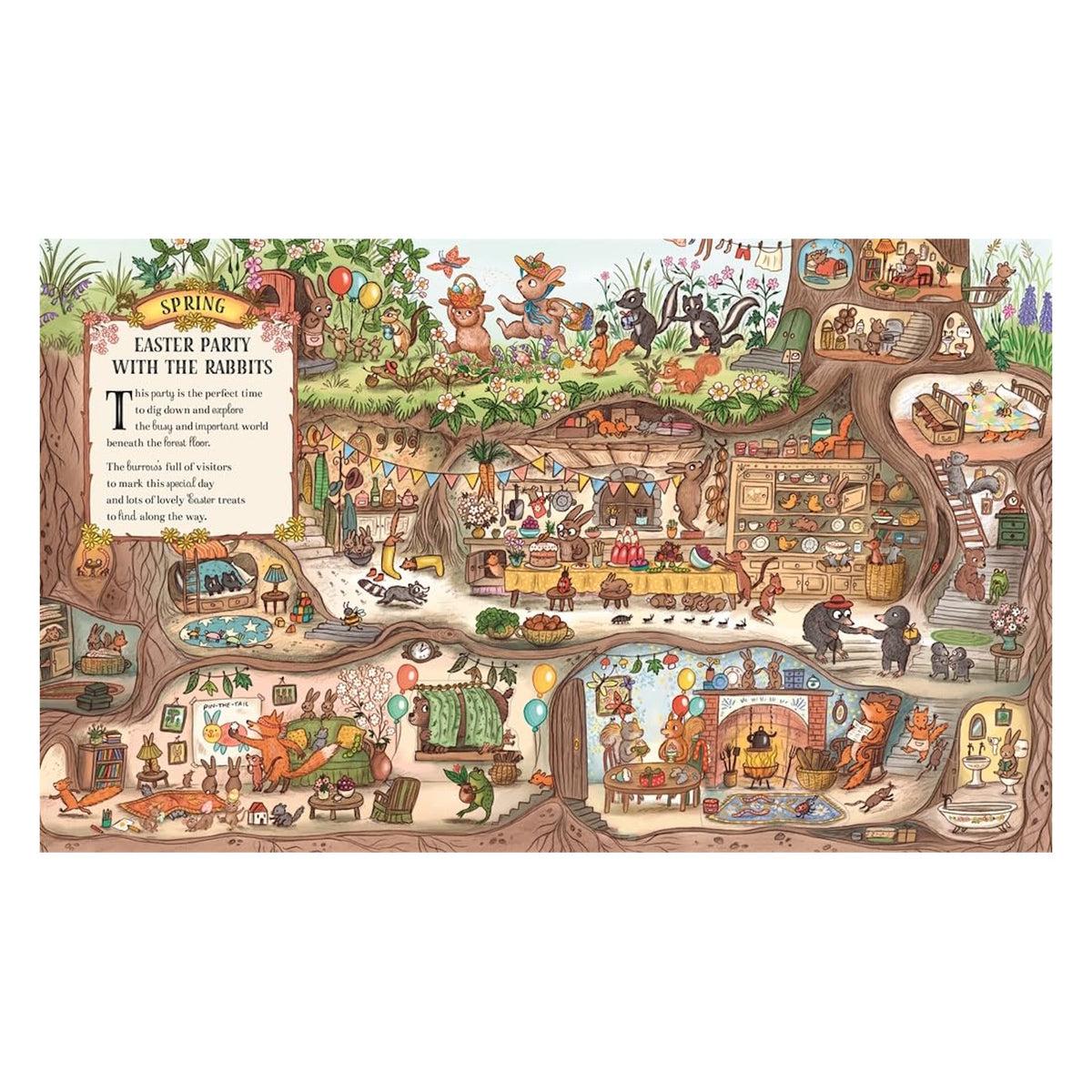 Detailed illustration of woodland animals celebrating a spring Easter party inside underground rabbit burrows.