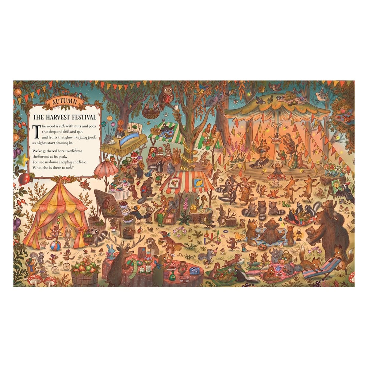 Illustrated children's book spread depicting woodland animals celebrating autumn harvest festival in a forest.