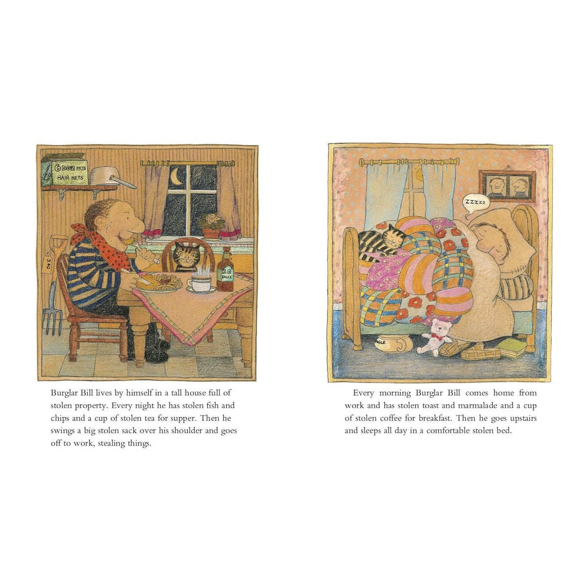 Illustration of Burglar Bill eating supper at a table and sleeping in a colorful bed from Allan Ahlberg’s classic book.