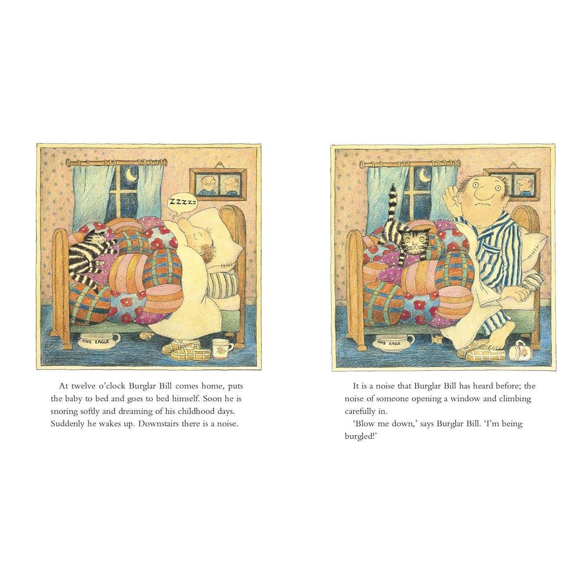 Two illustrations from Burglar Bill; Bill waking up in his patchwork bed to the sound of someone burgling his home.