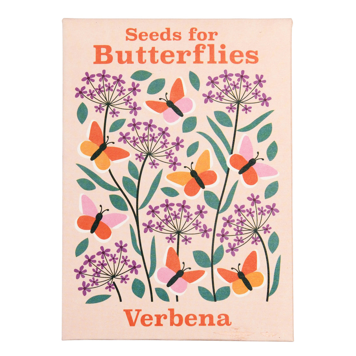 Vintage-style seed packet for Verbena "Seeds for Butterflies" featuring orange and pink butterfly and purple flower icons.