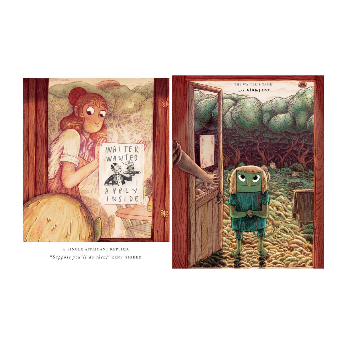 A woman with red hair reads a "Waiter Wanted" sign on a door. A green creature stands outside, looking hopeful. The tone is whimsical and lighthearted.