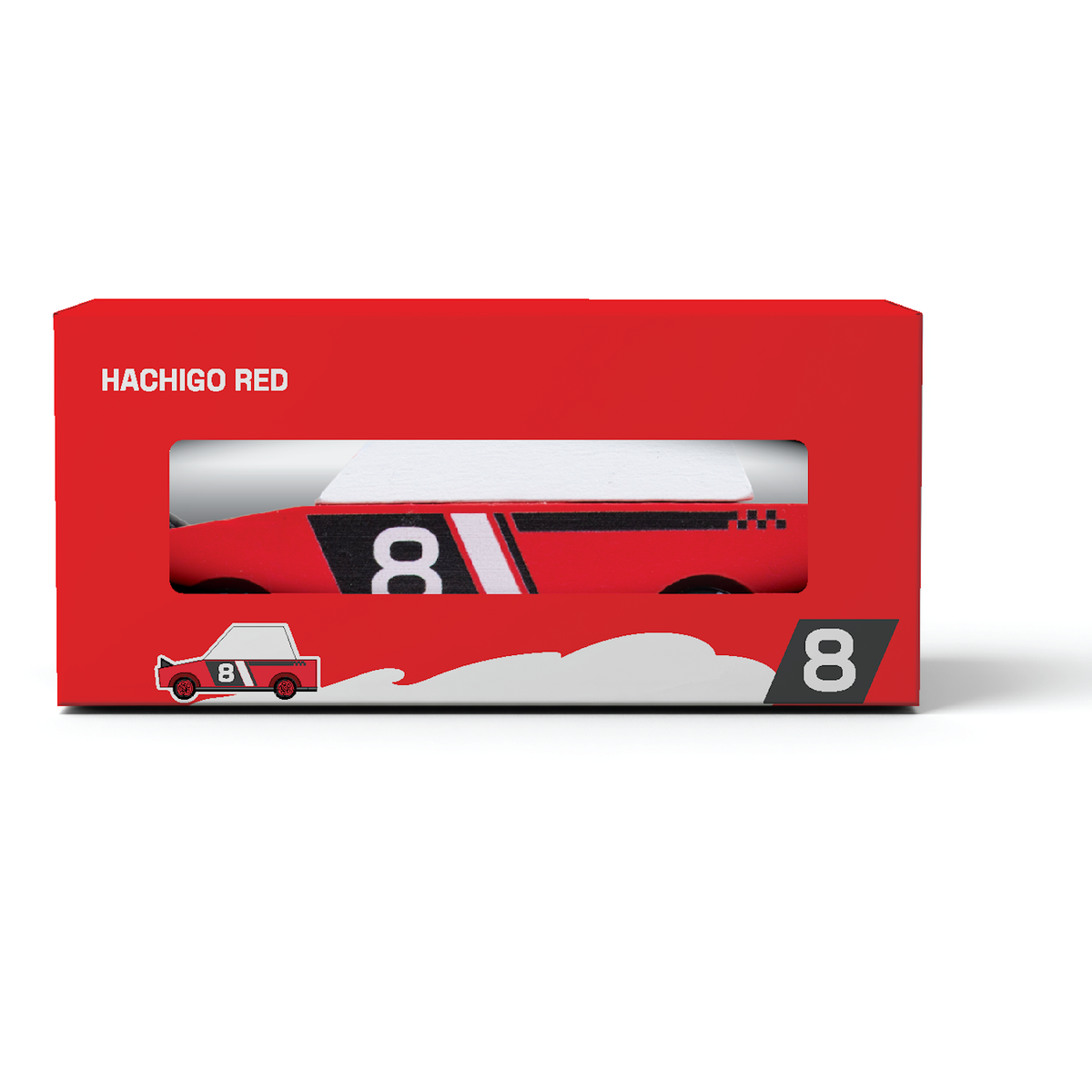 Red racing-themed wooden toy car with number 8 in a red box labeled "Hachigo Red." Perfect for kids' play or collectors.