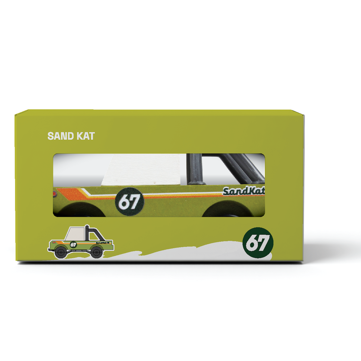 Green packaging box for CandyCar Sand Kat wooden toy truck, featuring a window display and number 67 racing graphics.