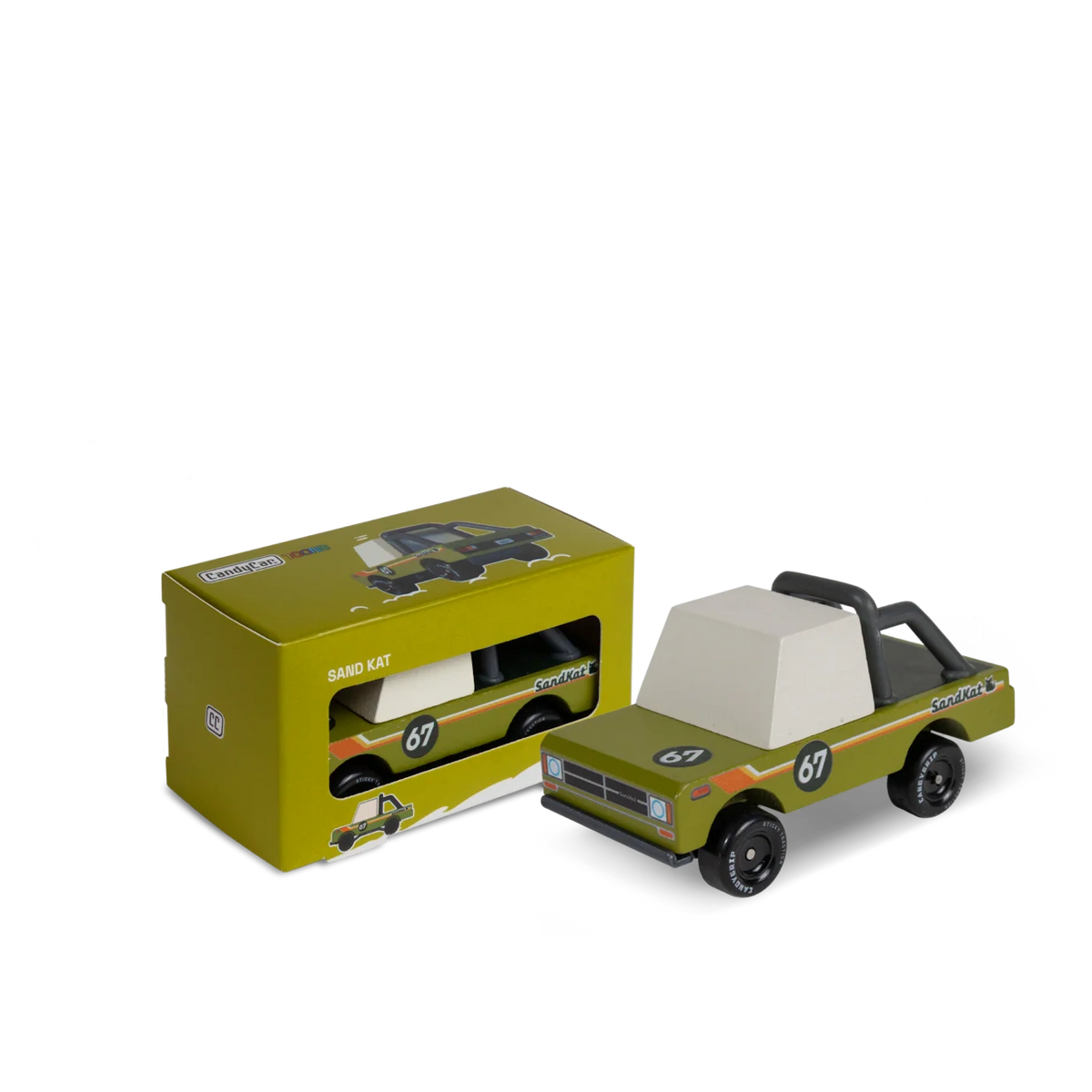 Candylab Candycar Sand Kat wooden adventure truck toy with matching olive green collector box packaging.