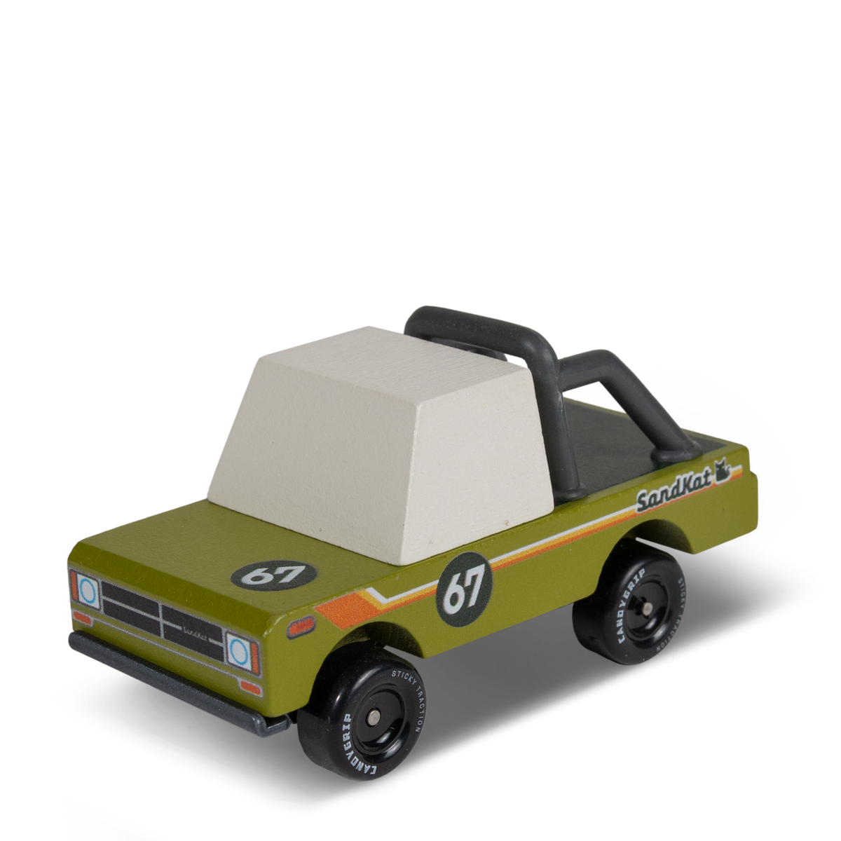 Wooden toy adventure truck in olive green with number 67, white cab, and black roll bar by Candylab Candycar.