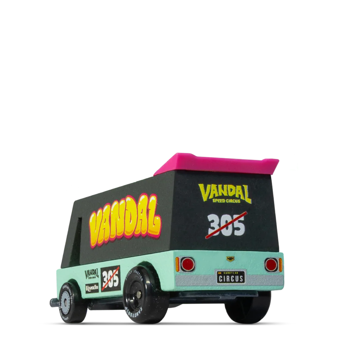 Rear view of a Candycar Toons Seafoam Vandal wooden van toy with a pink spoiler, "Vandal" graphics, and "305" racing number.