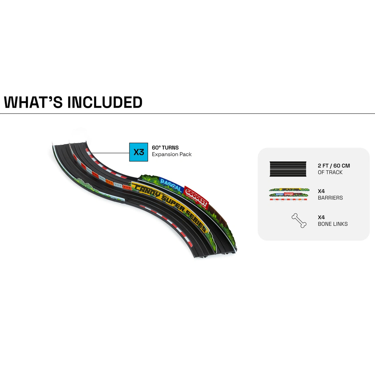 Candylab Roadworks 60-degree turn track expansion pack contents with track pieces, barriers, and bone connectors.