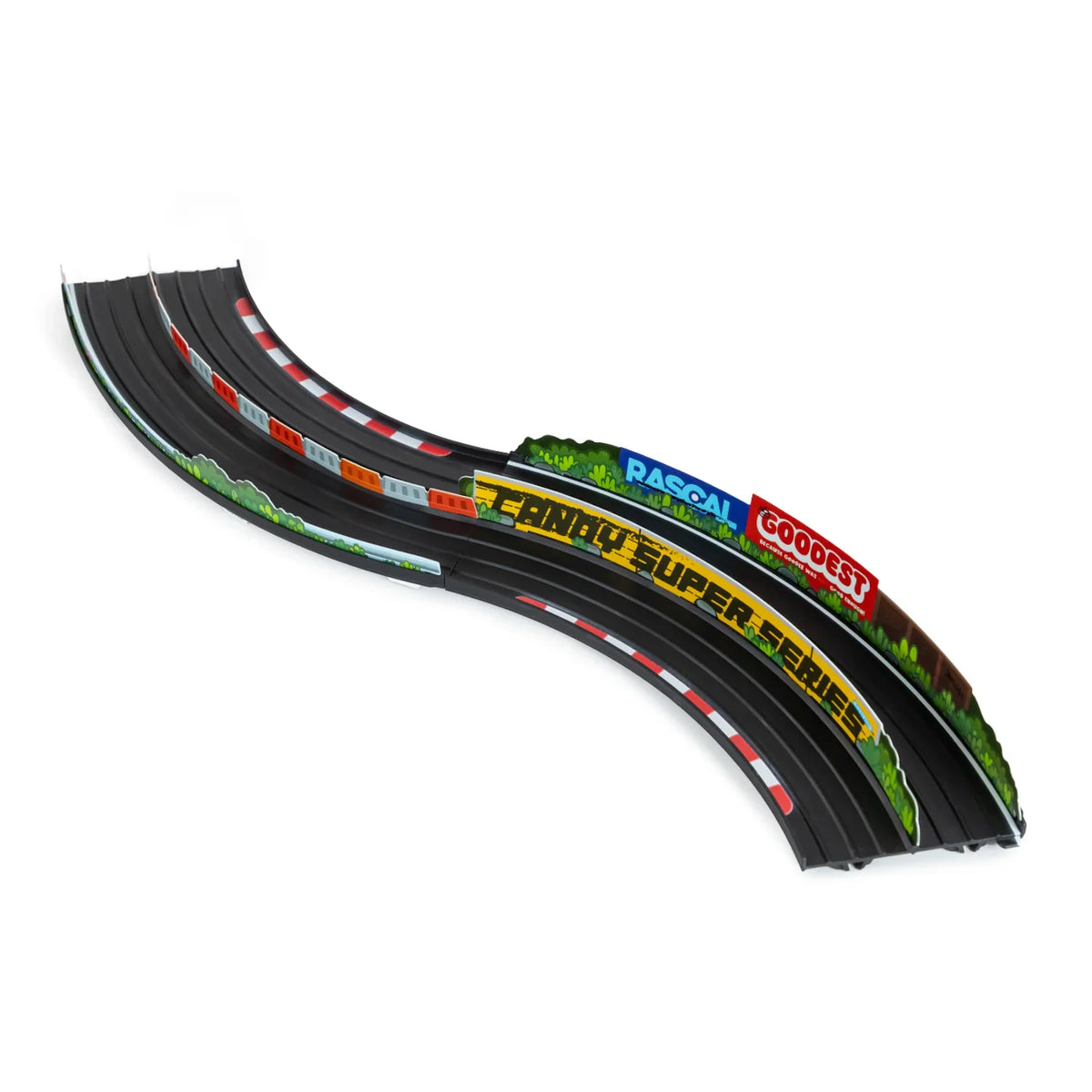 Candylab Roadworks 60-degree turn track expansion 2-pack with racing banners and curbs for toy cars and rubber roads.