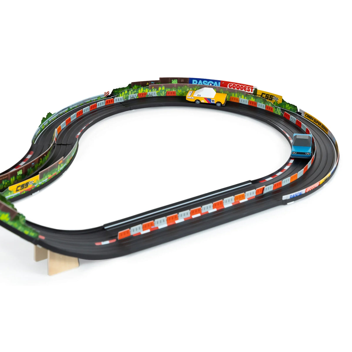 Candylab Roadworks curved toy track loop with wooden toy cars, colorful guardrails, and miniature billboard scenery.