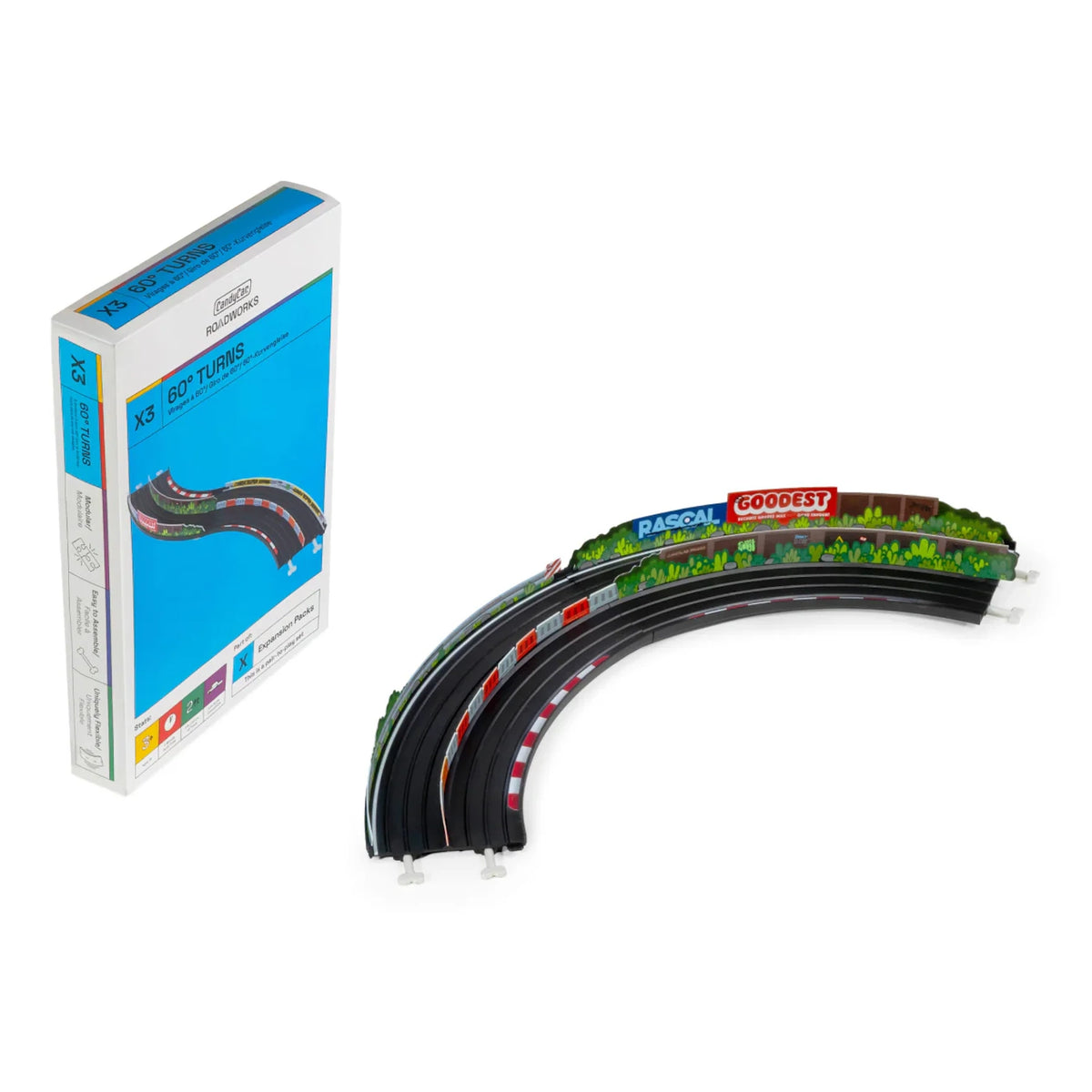 Candylab Roadworks 60-degree curved track expansion 3-pack with box, featuring Rascal and Goodest racing barriers.