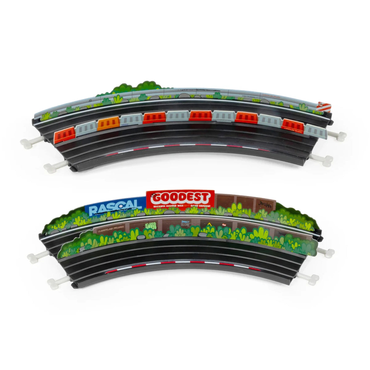 Candylab Roadworks 60-degree curved track expansion 2-pack with colorful toy guardrails and miniature billboard signs.