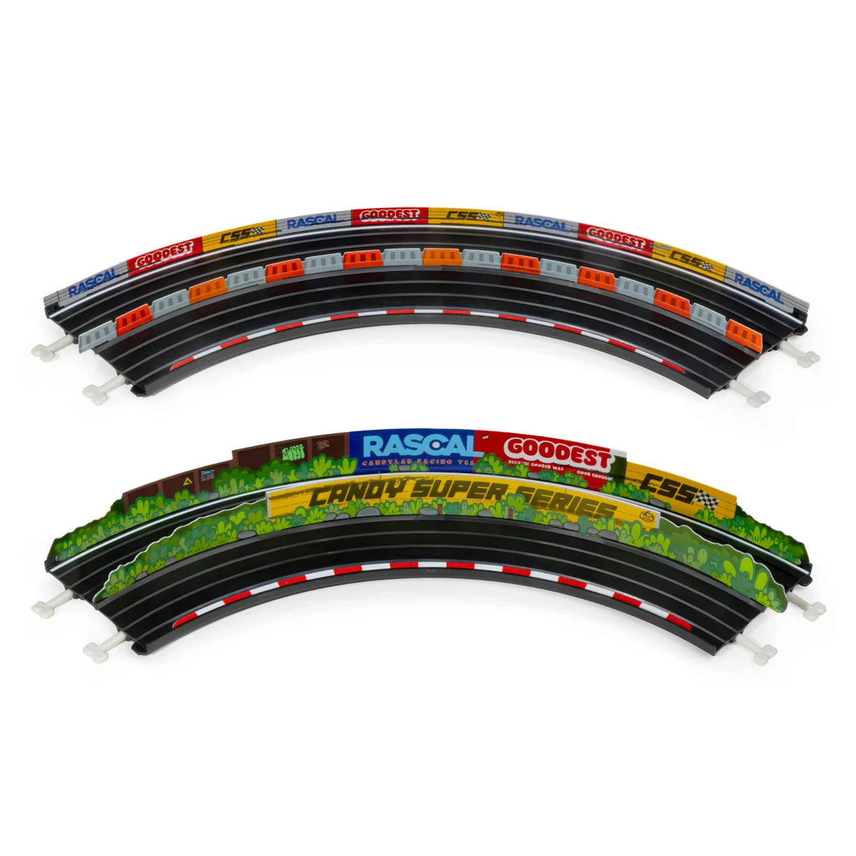 Candylab Roadworks 90-degree turn track expansion 2-pack with colorful race guardrails and toy car track connectors.