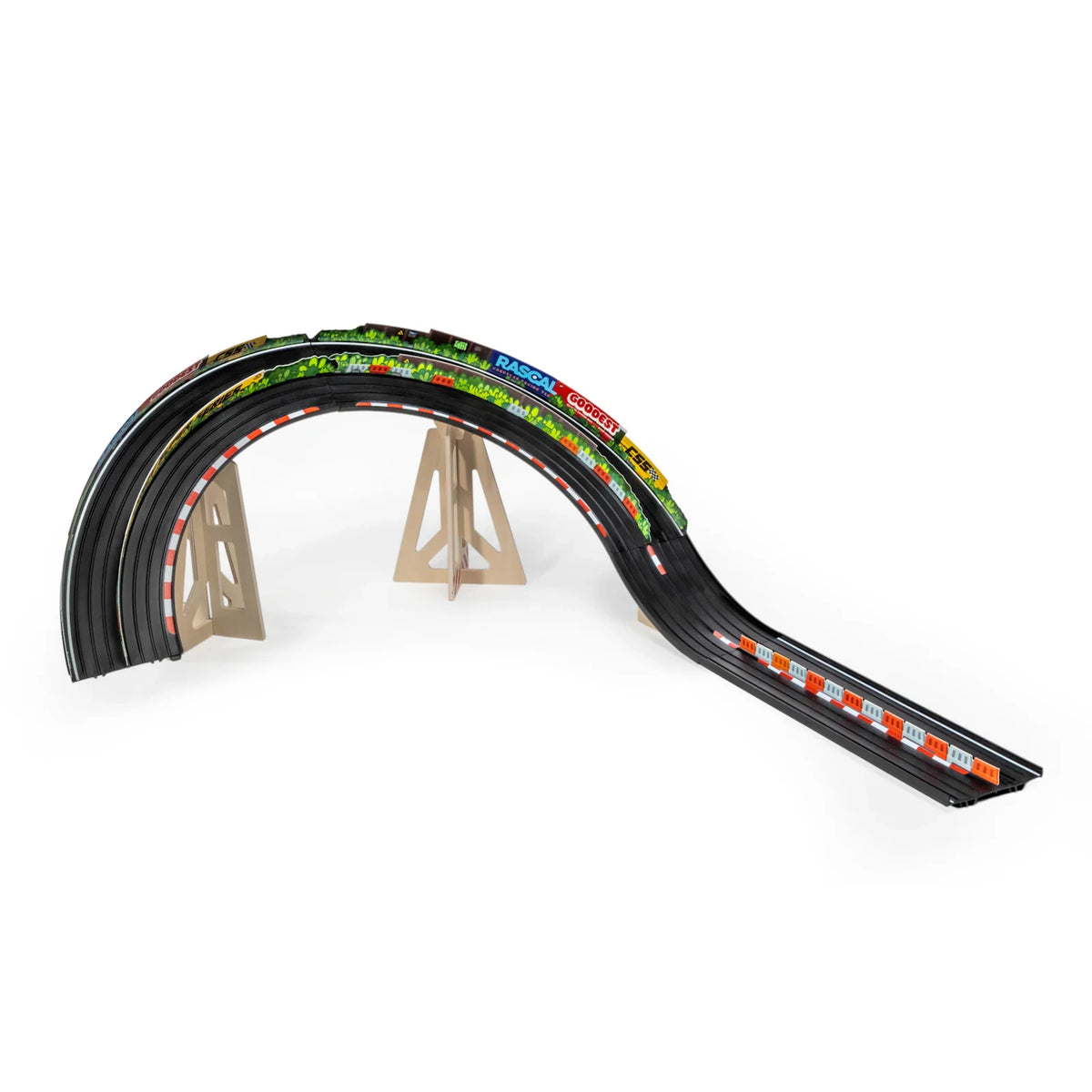 Candylab Roadworks banked turn add-on kit with wooden supports and colorful race track graphics on a white background.