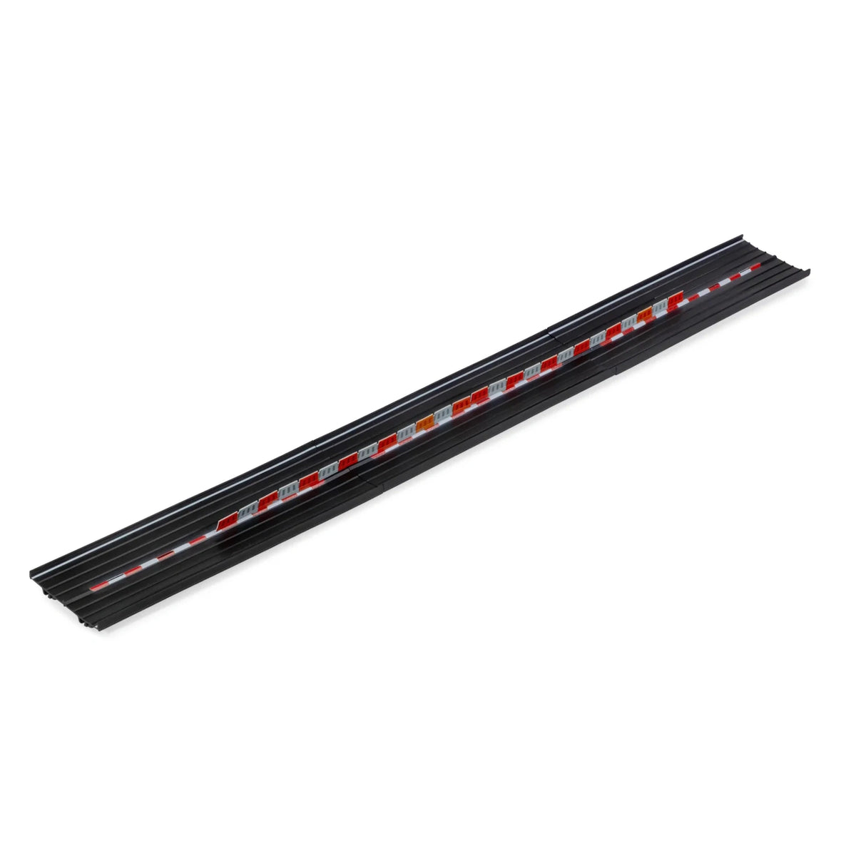 Candylab Roadworks straight track expansion 3-pack with black road, white dashed lines, and red safety barriers.
