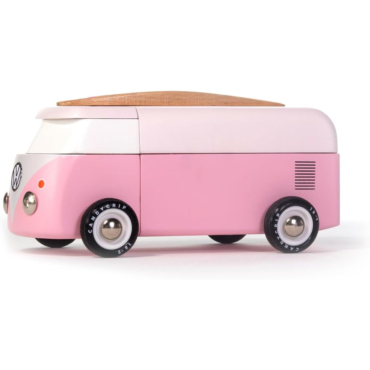 Pink wooden Candylab VW beach bus toy with surfboard.
