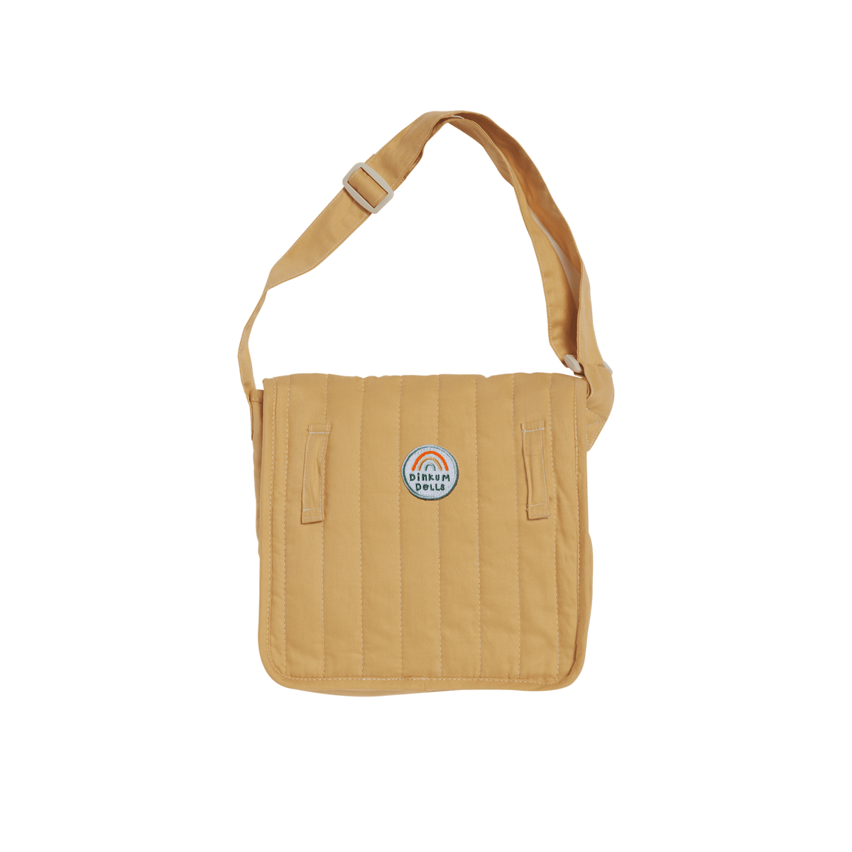 Honey yellow quilted doll changing bag with an adjustable shoulder strap and rainbow logo.
