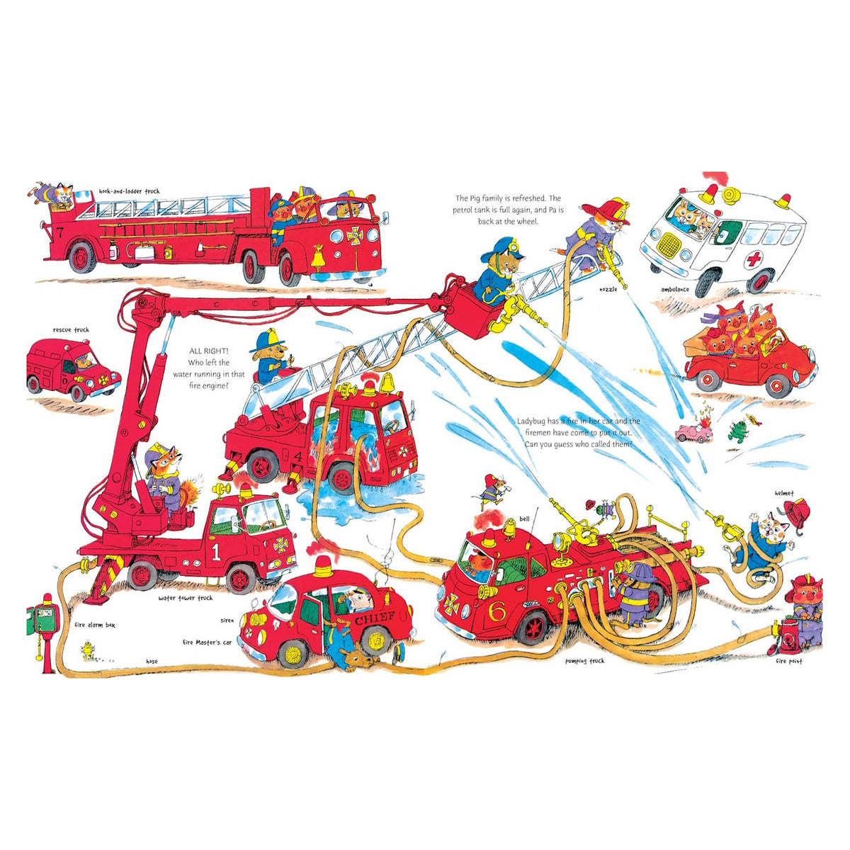 Richard Scarry illustration of colorful fire trucks, an ambulance, and animal firefighters spraying water hoses.