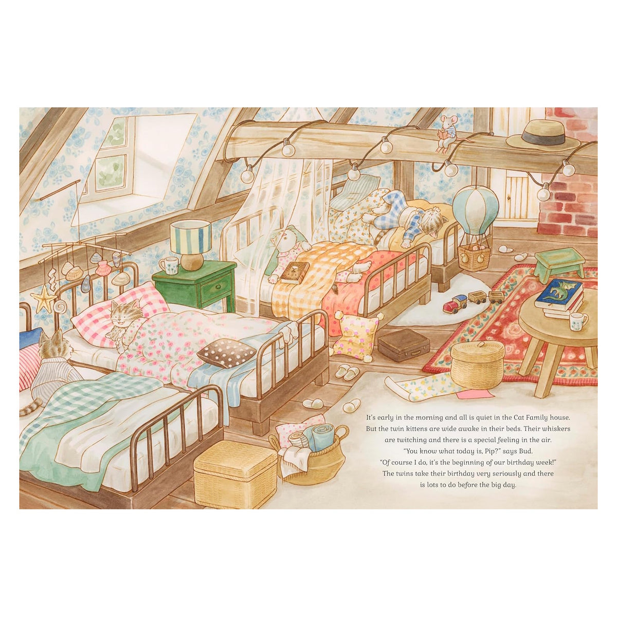 Illustrated children's book page showing an attic bedroom with twin kittens waking up in their beds.