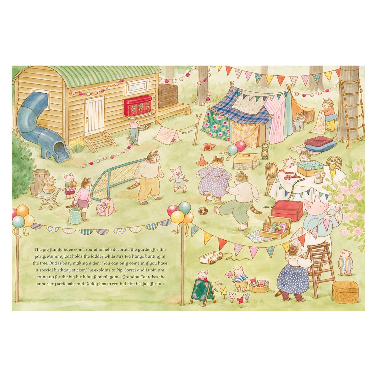 Illustrated children's book page showing characters decorating a garden with bunting and playing games.