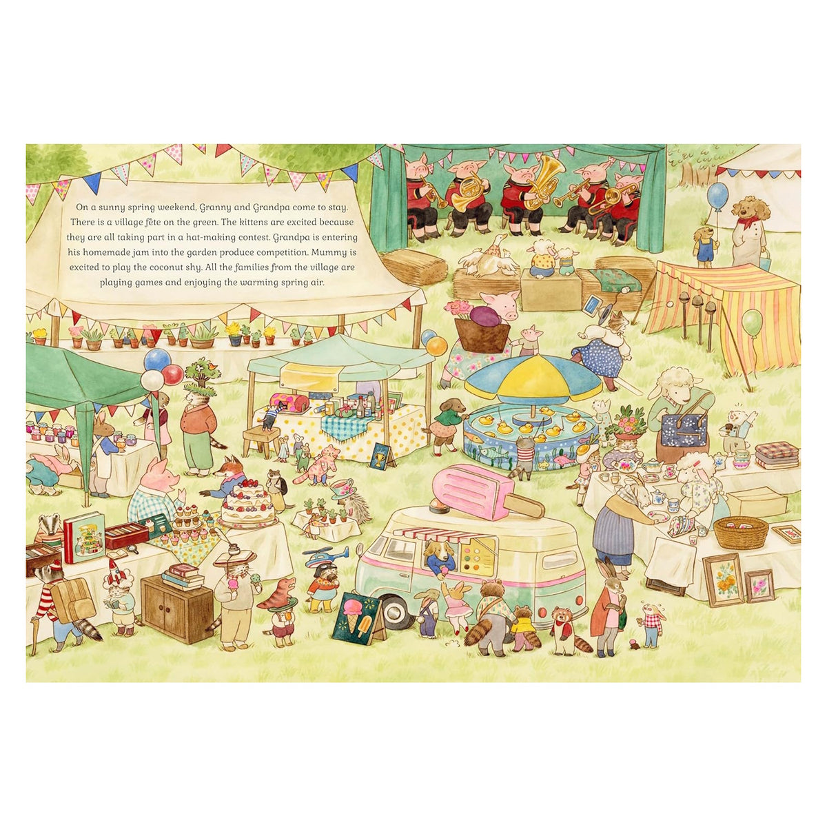 Whimsical children's book illustration of a busy animal village spring fair with tents, games, and an ice cream truck.