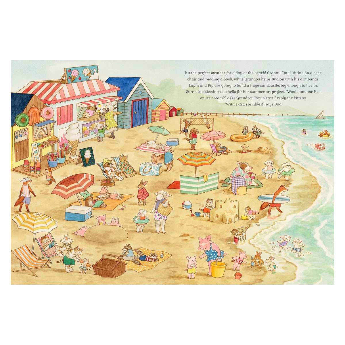 Whimsical illustration of a cat family at a busy beach with sandcastles, ice cream shops, and animals swimming in the ocean.
