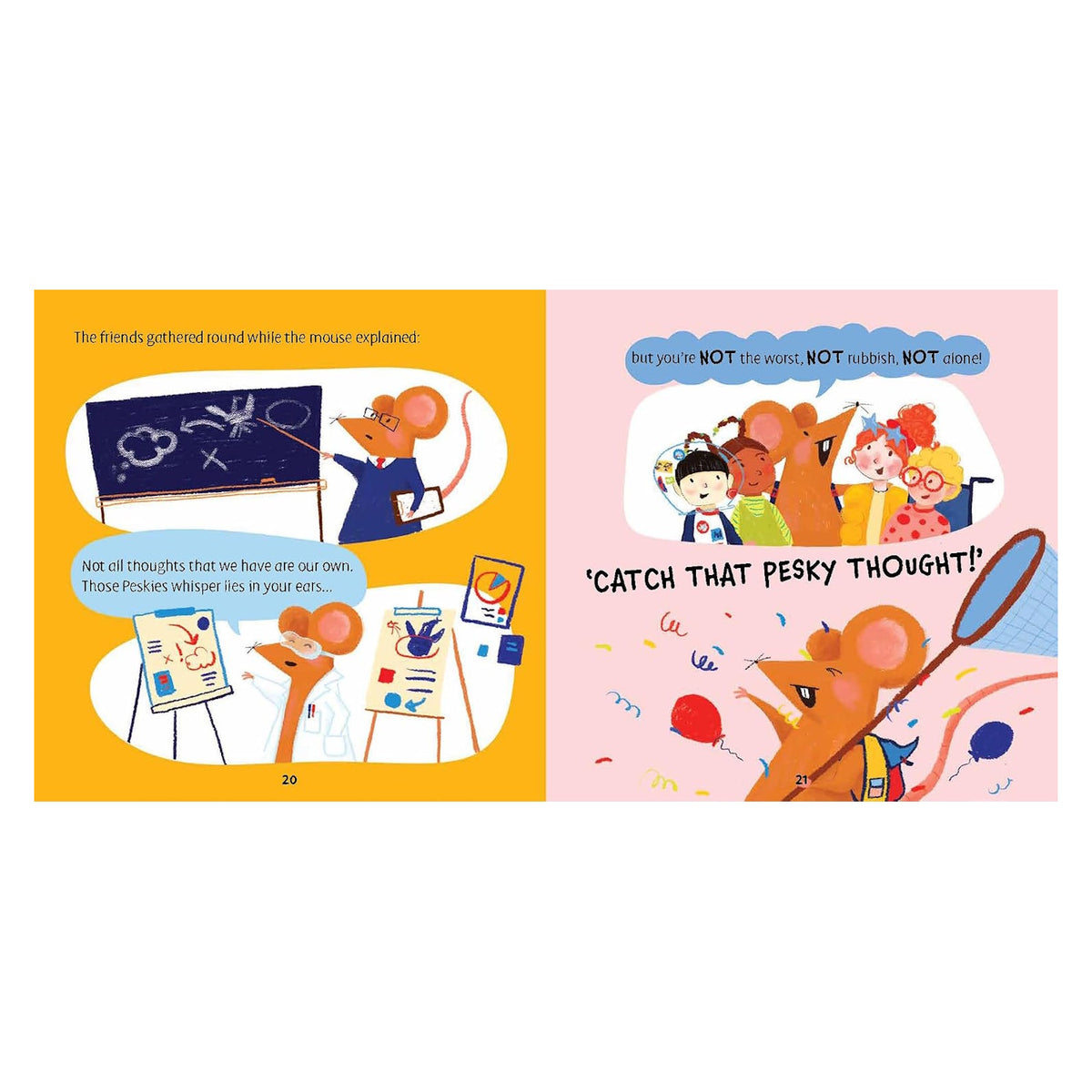 Children's book spread with a mouse teaching kids at a blackboard and holding a net.