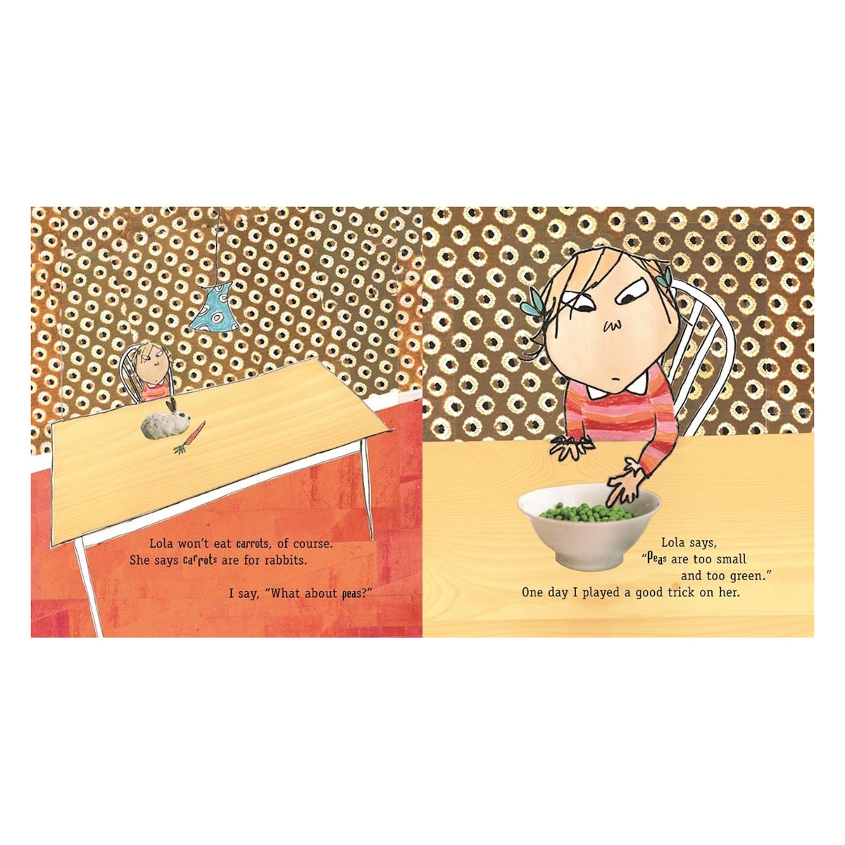 Illustration of Lola from Charlie and Lola refusing a bowl of peas. Children's book page with whimsical collage art style.