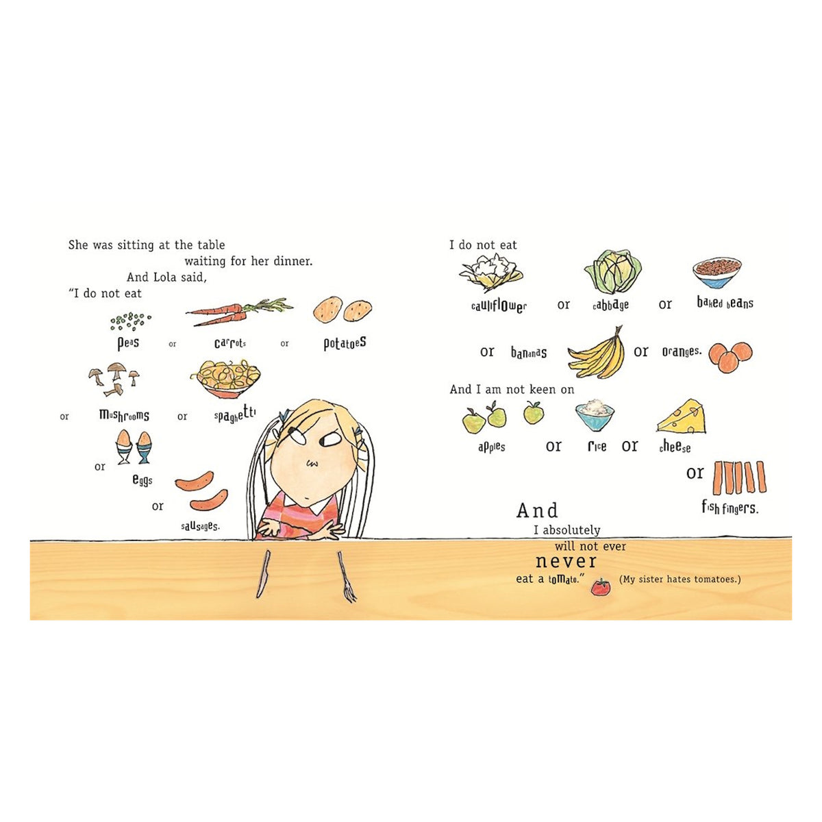 Illustration from Charlie and Lola showing Lola at a table with a list of foods she refuses to eat, including tomatoes.