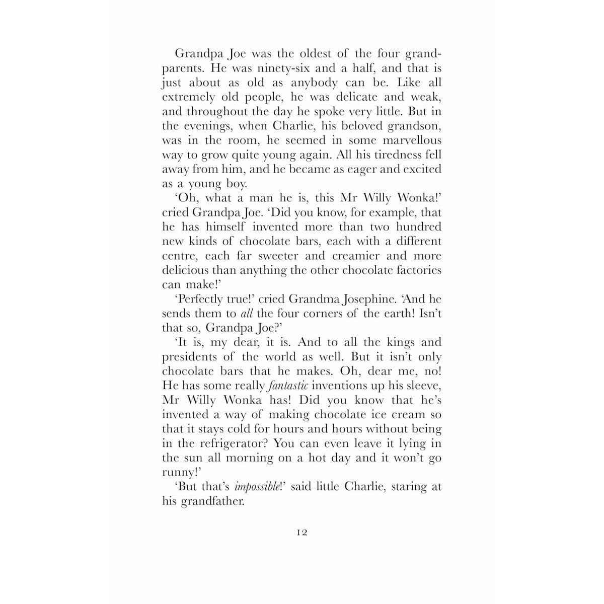 A book page showing text where Grandpa Joe talks about Willy Wonka's incredible chocolate inventions.