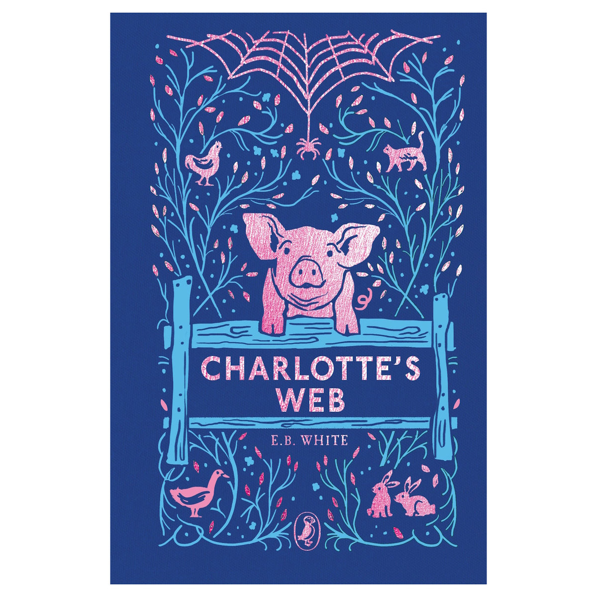 Charlotte's Web book cover featuring a pink pig, spider web, and farm animals in a blue and pink folk-art style.