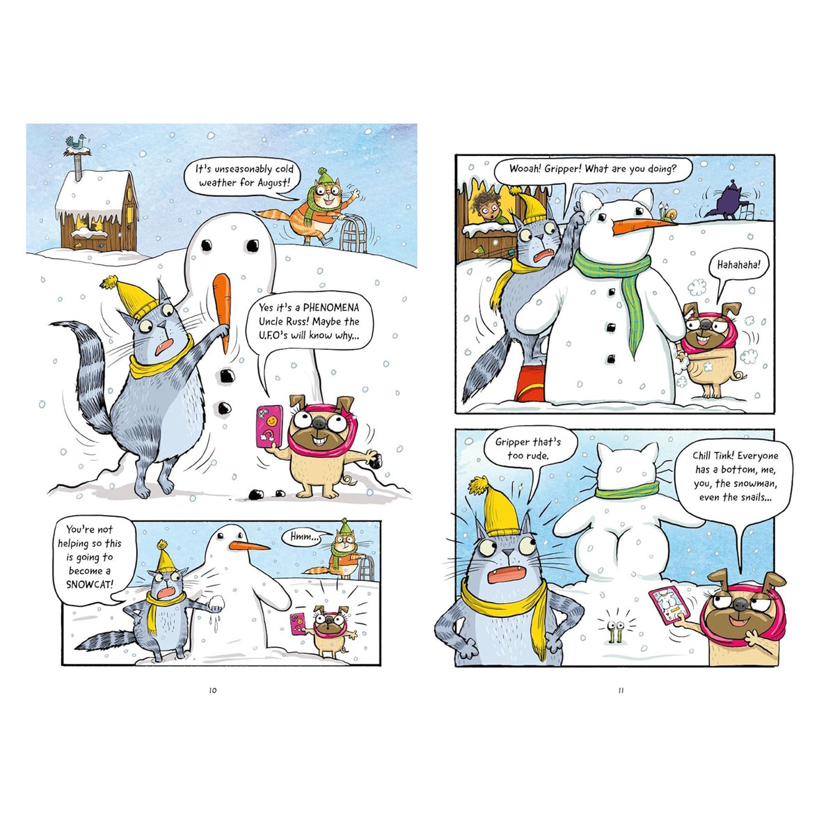 Illustrated comic book pages featuring a cat and pug building a cat-shaped snowman in the snow.