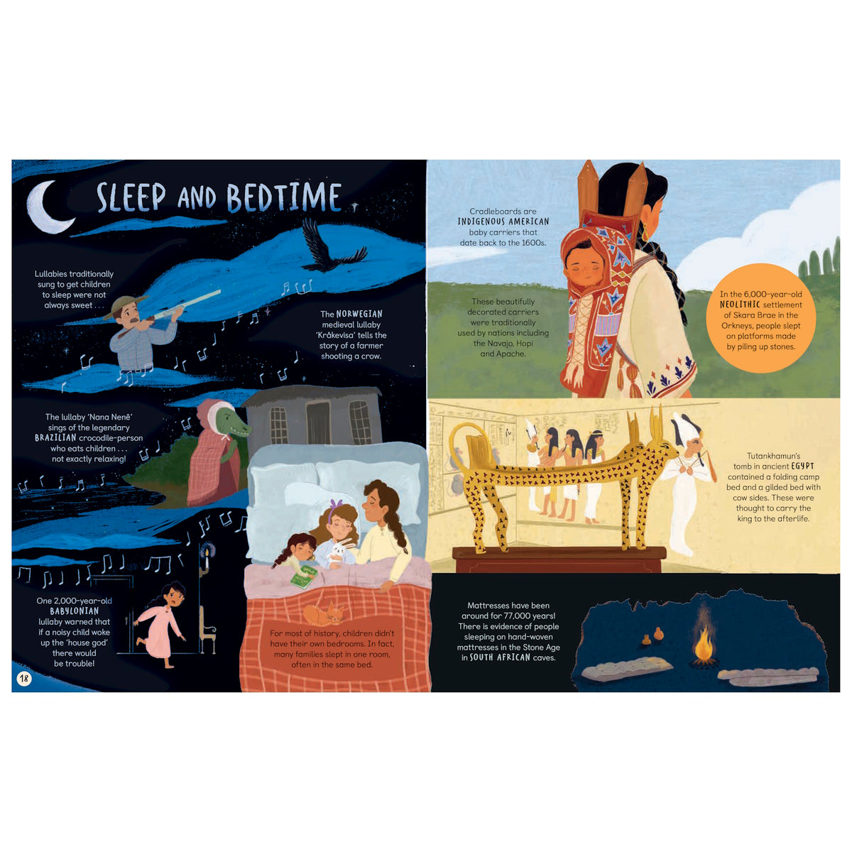 Illustrated children's book spread about historical sleep and bedtime customs, featuring diverse cultures and artifacts.