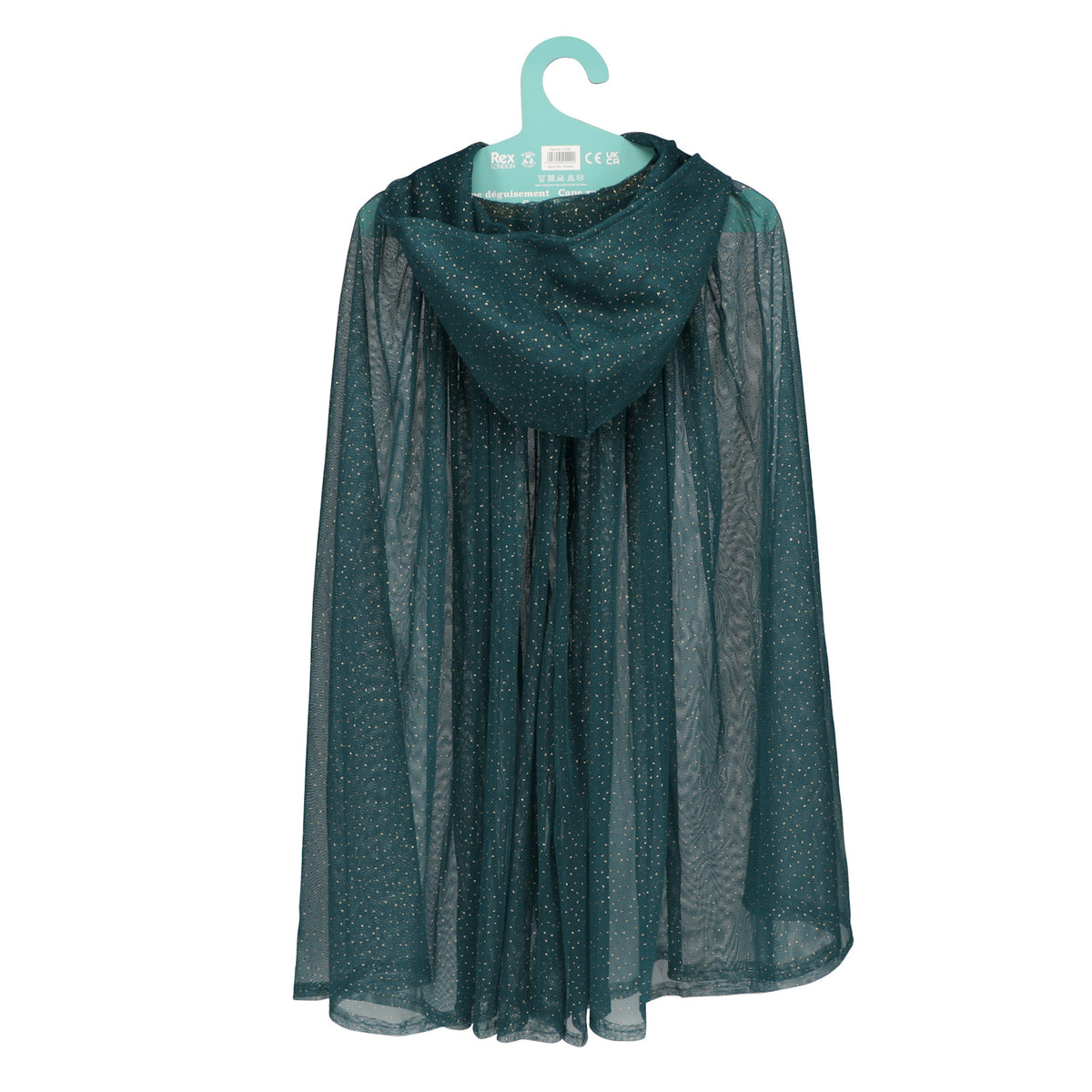 Sheer dark teal glittery children's cape with a hood hanging on a teal plastic hanger.
