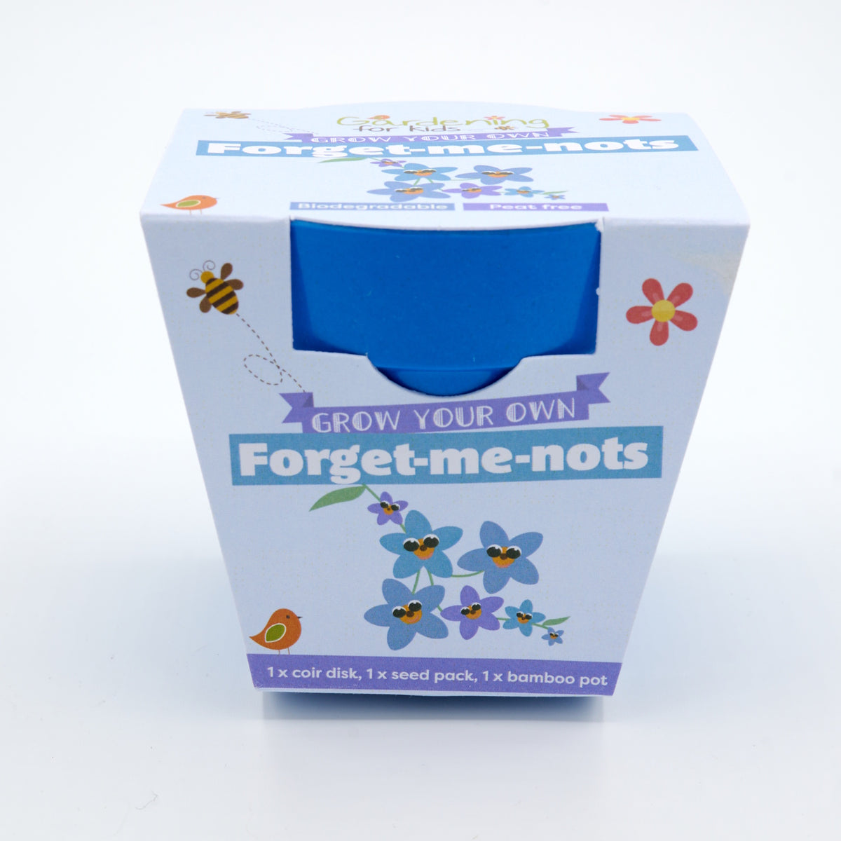 Blue packaging for a "Grow Your Own Forget-me-nots" kit featuring a blue bamboo pot inside.