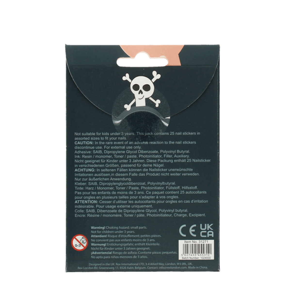 Back view of packaging for 25 Halloween nail stickers featuring safety information and product details.