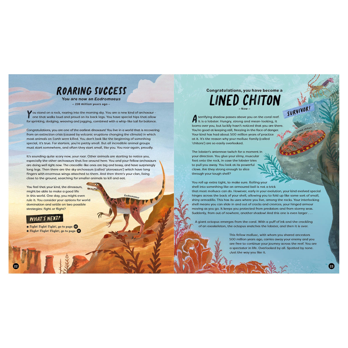 Open book spread with illustrations of an Eodromaeus dinosaur and a Lined Chiton mollusk from an evolution themed book.